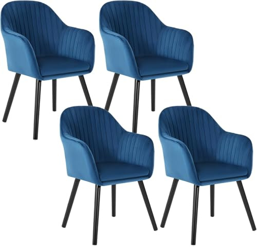 WOLTU Esszimmerstühle 4er Set, Küchenstühle gepolstert | mit Armlehne, Massivholzbeinen, Sitzfläche aus Samt, für Schlafzimmer Küche Wohnzimmer, Blau
