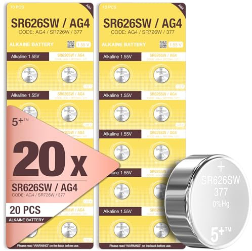 5Plus 20-Pack LR626 377 SR626SW AG4 1.55V Button Cell Batteries – Long-Lasting Coin Batteries for Watches, Key Fobs, Scales, Car Remotes & Wearables