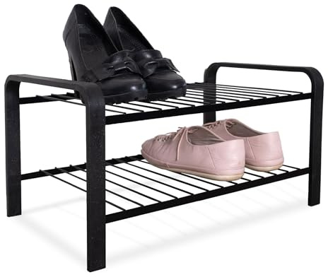 LM 390 Schuhregal aus Öko-Holz - pulverbeschichtetes Schuhregal platzsparend, 470 mm breite, ideal für Schrank , Flurmöbel & für kleine Räume, Schuhorganizer für Schrank & Schränke- Schwarz-holz