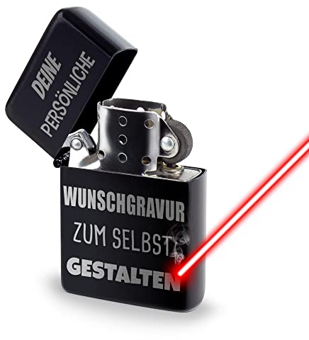 PR Print Royal Benzin-Feuerzeug selbst gestalten - mit Name/Text gravieren - Sturmfeuerzeug mit Gravur, Benzin nachfüllbar - Geschenk Freunde, Outdoor, Camping I Personalisiertes Geschenk, Schwarz