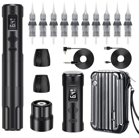 Biomaser Wireless Semi Permanent Make-up Maschine mit 2 Batterien, 10 Stück Kartuschen Nadeln geeignet für Eyeliner Lippen Augenbrauen Miroblading Schattierung für Anfänger und Künstler