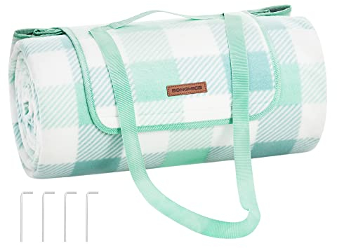 SONGMICS Picknickdecke, 300 x 200 cm, mit 4 Erdankern, groß, Campingdecke, für Park, Garten, Strand, wasserdicht, faltbar, grün-weiß GCM012W03