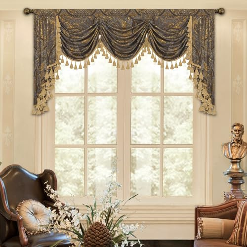 Loom and Mill Luxuriöser Jacquard-Wasserfall-Volant für Wohnzimmer, Klassische antike Fenstervolant mit Quasten, bronzefarbene Girlande für Schlafzimmer, Bankett, Urlaubsdekoration (200 cm, 1 Panel) | Jacquard-Volant-Vorhänge mit Quasten, 1 Vorhang, Stangentasche, Fenstervolants für Schlafzimmer, Bankett, Urlaubsdekoration
