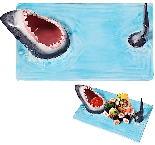 Djungelskog Shark Sushi Plate - Hand-Painted Ceramic - Lead-Free - Food-Safe Materials - Secure and Sturdy - Microwave/Oven/Freezer/Dishwasher Safe - Ideal Gift for Sushi Enthusiast (Rectangle)