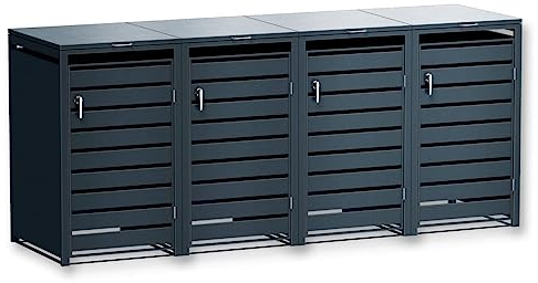 Metzler® Mülltonnenbox 4er 240L aus pulverbeschichtetem Stahl mit Automatikdeckel und abschließbaren Türen anthrazit RAL7016 wetterfest robust modular erweiterbar für Garten und Außenbereich