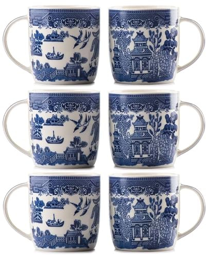 UNIQUE HOME LIVING Blue Willow Barrel Mugs Set of 6, 350ml Bone China Coffee Mug Oriental Style Coffee Cups with Handle for Milk Tea Hot Cocoa (9 x 8.5cm)