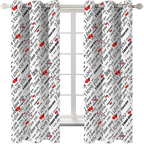 Homxi Küchengardinen Modern Blickdicht 2er Set,2 x 137W x 115H cm,Vorhänge Blickdicht Jugendzimmer Schwarz Weiß Rot I Love You und Herz Ösenvorhang Wohnzimmer