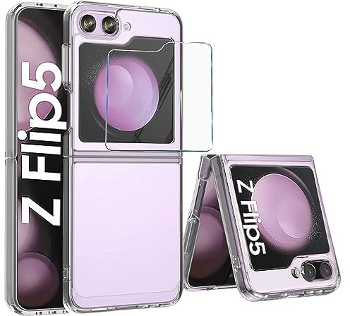 MIMGOAL Case for Samsung Galaxy Z Flip 5 Slim Clear | Slim Design, HD Clear PC Material, Anti Yellow Protection, Shockproof Bumper, Tempered Glass Protector