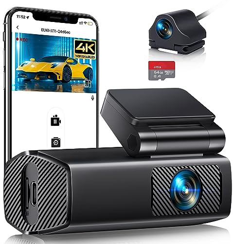 Dashcam Auto Vorne Hinten 4K/2,5K+1080P WiFi Auto Kamera, Loop-Aufnahme 170 ° Weitwinkel WDR, Super Nachtsicht, App Steuerung, G-Sensor, Parküberwachung, Innen mit 64GB SD-Karte