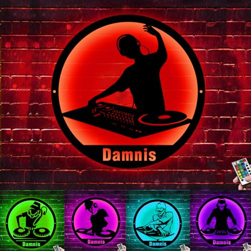 Custom Music Turntable Record Metal Wall Art With LED Light Personalized DJ Name Sign Decoration For Room Music Studio DJ Home Decor Gift for Music Lover Rock Music Teacher Boy Girl Men Women