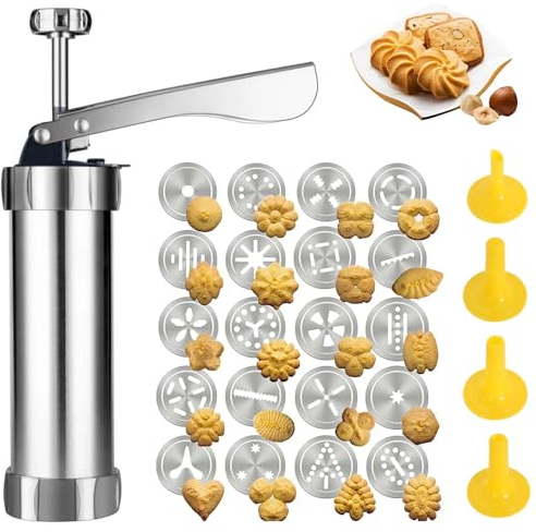 Set Pâtisserie, Pressa per Biscotti, Pistola per Dolci in Acciaio Inox Spara Biscotti Professionali con 20pcs Dischi per Biscotti, 4pcs Ugelli Siringa per Realizzare e Decorare Biscotti Fai da Te