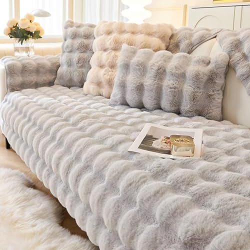 Thick Rabbit Plush Sofa Cover 1 2 3 Seater, Universal Non Slip Corner Sofa Cover L Shape Super Soft Faux Fur Sofa Slipcovers for Living Room, light gray, 70 * 70cm