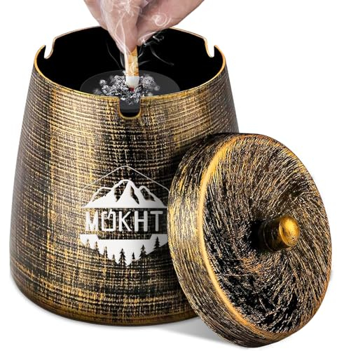 Aschenbecher mit Deckel (10 * 9 * 10cm) - Aschenbecher für Draussen, Groß Aschenbecher Outdoor, Windaschenbecher Edelstahl, Sturmaschenbecher mit Rutschfest Boden, Standaschenbecher für Draußen