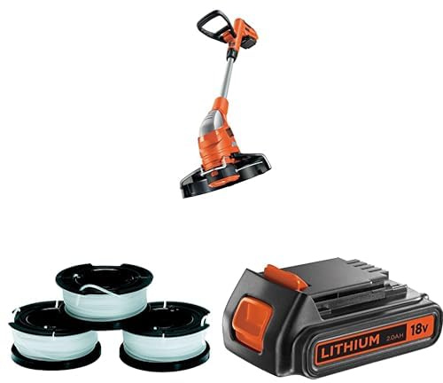 Bundle of Black+Decker Akku-Rasentrimmer (18V 2,0Ah Li-Ion, Schnittbreite 23 cmZweithandgriff inkl. Akku und Ladegerät) GLC1823L20 + Black+Decker A6485 Fadenspulen+ Black+Decker Li-Ion Slidepack Akku