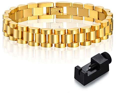 Gamtic Damen Armband Klassische Uhrenarmband - Verstellbare Edelstahl Link Bracelet Breite Armreif Gold/Silber Elegant Armkette Modeschmuck Damengeschenk für Freund, Frau, Mutter, Tochter (Gold 18CM)