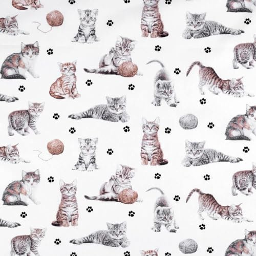 Baumwollstoff mit Kindermotiv, 1,6m x 0,5m, 100% Baumwolle, modische Muster für Bettbezüge, Kissen, Decken, Vorhänge uvm. - Motiv: Katzen (weiß)