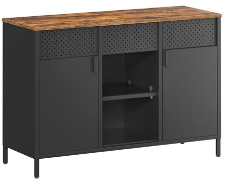 SONGMICS Aufbewahrungsschrank, Metallschrank, Schrank mit Doppeltür, Sideboard, Magnetverschluss, verstellbare Einlegeböden, Stahlgestell, vintagebraun-Mattschwarz LSC204B01