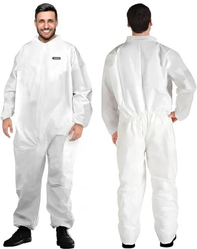 YIBER Hazmat Suit Disposable Overalls | Heavy Duty Full Body Painters Coveralls in 7 Sizes with Multiple Specifications for Men & Women Without Hood - Breathable & Water-Resistant, 2XL, White, 2