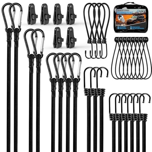 Bungee Cords With Hooks Assorted Sizes, 35 PCS Bungee Cord Set In Carry Bags, 8-40 IN Premium Bungee Straps & Bungee Cords With Carabiner Clips, 6 IN Bungee Balls, Tarp Clips for Tents, Luggage