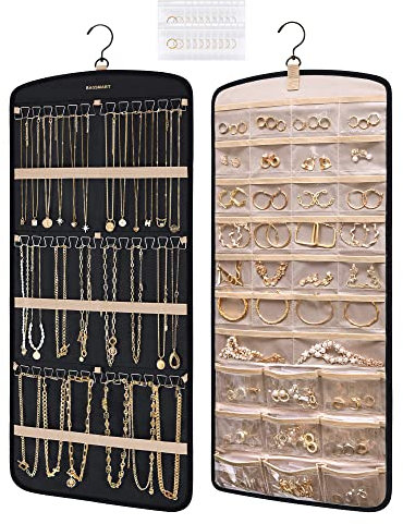 bagsmart Hanging Jewelry Organizer, Necklace Holder Anti-tangle Earrings Rings Hanger with 20 Jewelry Bags Travel Storage Roll with Pockets Hang on Closet, Wall, Door,1 Piece, Large, Black