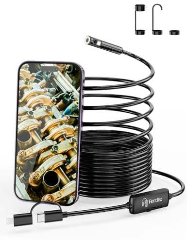 Dual-Lens Endoscope Inspection Camera, 1920P HD Ferdiiz Borescope Camera, 16.4ft Semi-Rigid Snake Cable, 8 Adjustable LEDs, IP67 Waterproof Drain Pipe Endoscope Cool Gadgets Tool for iOS9+ Android 6+