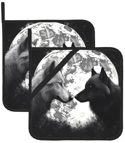 Set di 2 presine con tasca, resistenti al calore per controsoffitti, tappeti caldi per forno, lupi adorati sotto la luna, presine di animali selvatici per cucina, pasticceria, sottopentola, 20,3 cm