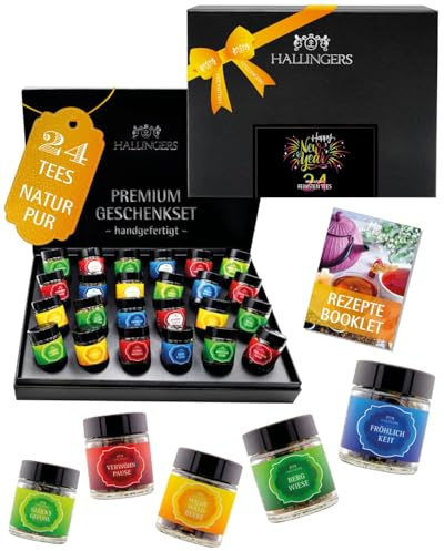 Hallingers Genuss Manufaktur Tee Weihnachts-Geschenk-Set - 24 Sorten premium loser Tee Probierset in edler Geschenkbox mit Rezept-Booklet Happy New Year ..., Weihnachten für Frauen Männer