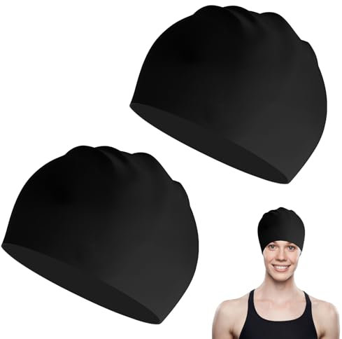 Bonnet de Bain Femme et des Hommes, 2 Pièces Bonnet de Bain pour Cheveux Longs, Convient pour Adultes et Enfants, Silicone imperméable et antidérapant, Garde Les Cheveux au Sec, Noir