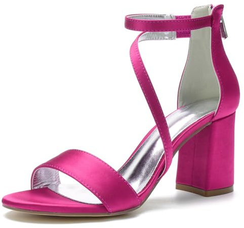 smlekwc Women's Block High Heel Wedding Dress Shoes Open Toe Satin Bridal Sandals Ankle Strap Party Prom Shoes with Zipper,Fuchsia,8 UK