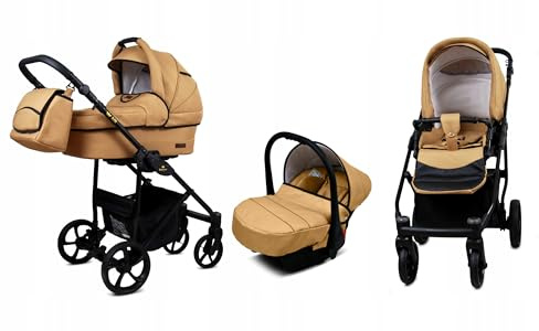 BabyLux® Kinderwagen Set 3 in 1 - Air - Sand Pearl - incl. Babywanne, Buggy Sportsitz, Auto-Babyschale - Autositz - Kinderwagenset - Kombikinderwagen mit Wickeltasche, Regenschutz usw.