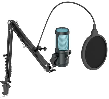 JARO USB Podcast Microphone with Boom Arm, Studio Condenser Mic with Real-Time Monitoring, Mute, Volume Control Ideal for Voice & Singing (Dark Black)