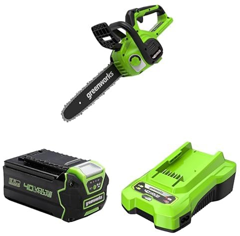 Greenworks 40V Akku Kettensäge mit 30cm Schnittbreite, 4,2 m/s Kettengeschwindigkeit, 2,6 kg, Automatisches Öl-System +40V 5Ah Lithium-Ionen Akku, 3-Stufige LED Batterieanzeige +40V 2A Akku Ladegerät