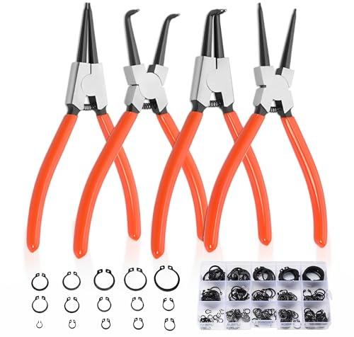 Lot de 4 pinces à circlips : pince à circlips de 17,8 cm avec pince à long bec courbé 300 pièces anneau de support d'arbre à ressort en acier au manganèse élastique