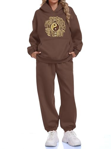 Hibelle Anxiety Relief Graphic Tai Chi Womens Hoodie Sweatsuit Set-Healing Energy,Luck & Wealth-2-Piece Lounge Tracksuit Brown Small