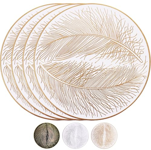 MOMAHUA 4 Piezas Manteles Individuales Oro,38cm Redondos de PVC,Antideslizantes y Resistentes al Calor,Diseño Elegante para Boda,Restaurante,Comedor y Decoración de Mesa(ST110TJ)
