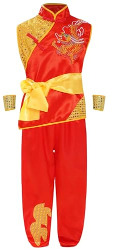 Oyolan Tenue Arts Martiaux Enfant Garçon Fille Chinois Traditionnel Tai Chi Vêtement Kung Fu Rouge 9-10 ans