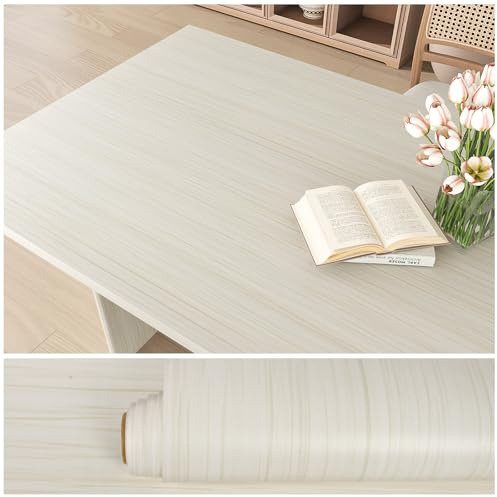VEELIKE Vinilo Efecto Madera Blanco Crema Grueso Papel Pintado Autoadhesivo Efecto Madera Crema 40 cm x 300 cm Vinilo Encimera Cocina Lavable Papel Adhesivo para Muebles Dormitorio Baño Extraíble