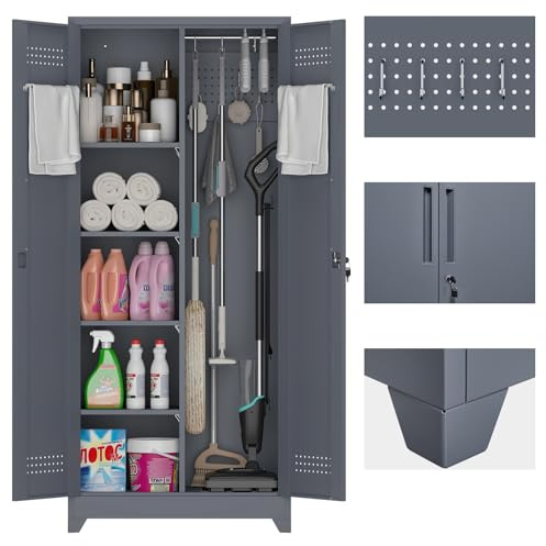 GEDELITE 73 H Garage Storage Cabinet,Broom Closet Storage Cabinet with Adjust Shelves,Utility Cabinet,Utility Closet for Garage,Office,Gray