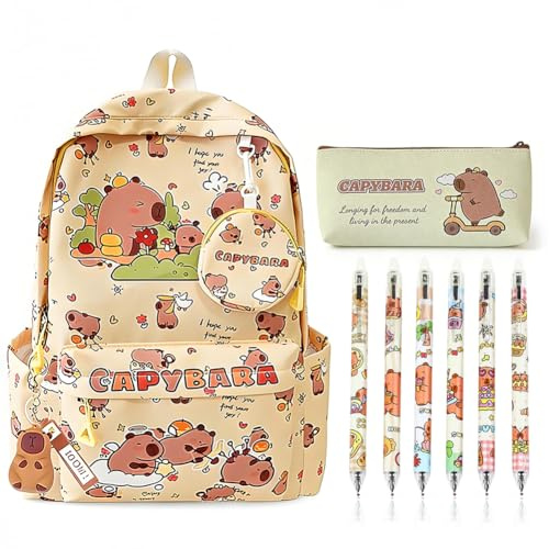 Set De Regalo Capibara,Mochila Escolar, Capybara Estuche De Silicona y Mini Plush & Llaveros|Boligrafos Borrable | Kawaii Backpack Schoolbag Impermeable 16L Para Niños| Regalo Para Niños Amarillo