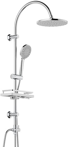 Florenta Regendusche Duschset ohne Armatur mit Ablage | Edelstahl Duschstange, Ø 20 cm Regendusche, Handbrause mit 4 Strahlarten, passend für vorhandene Bohrlöcher, Chrom