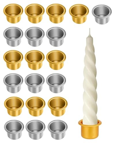 HUVZOR 20 Stück Kerzenhalter, Kleine Kerzentülle Durchmesser 22mm, Metall Kerzeneinsätze für Stabkerzen Tafelkerzen, Tischdeko für Wohnzimmer Esszimmer Schlafzimmer Weihnachten Deko, Gold/Silber