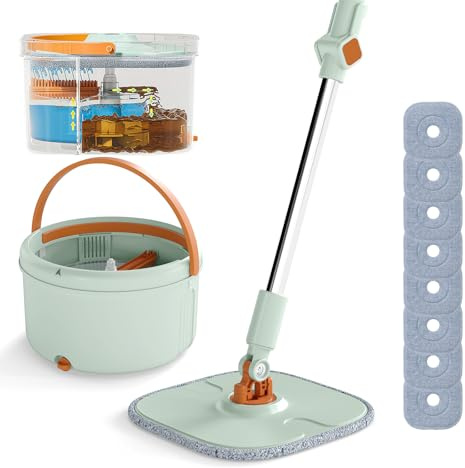LIFEZEAL Mop, Mocio Lavapavimento Professionale Rotante, con 8 Panni, Strizzatore, Doppio Secchio, Filtro, Scarico, Lunghezza Regolabile, Separazione di Acqua, Leggero, per Diverse Superfici, Verde