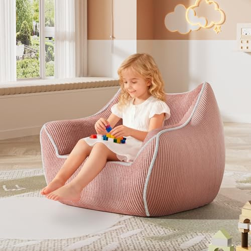 Pink Toddler Bean Bag Chair, Stuffed Kids Bean Bag Sofa with Filler Corduroy Bean Bag Seat for Girls, Small Comfy Lazy Sofa Lounge Chair with Armrests and Back Support for Gaming, Reading, Pink