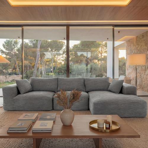Mendler Sofa-Garnitur HWC-P20, 3-Sitzer Couch Loungesofa, Stoff/Textil Cord (370 g/m²) Liegefläche rechts - hellgrau