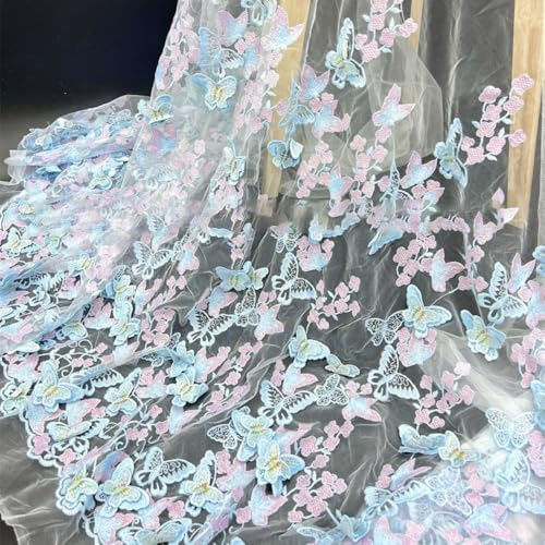 Vayliro 1 Yard Spitzenstoff Breite 155 cm 3D Schmetterling Stickerei Spitze Stoff Einseitiges Floralmuster 75 cm Blumenbereich Dekostoff für DIY Handwerk Hochzeit Kleidung Brautkleider,Blau Lila