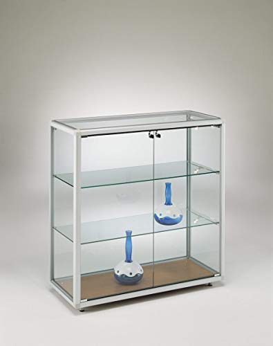MHN Halbhohe Glasvitrine mit Rollen T 42,5 x B 99 x H 95 cm - breite Thekenvitrine Glas abschließbar - Flache Verkaufsvitrine - Spiegel-Rückwand - ohne Beleuchtung