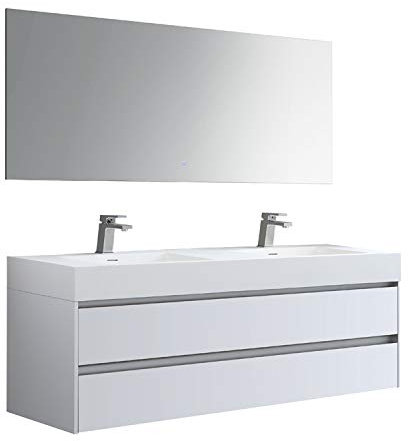 StoneArt Badmöbel-Set mit Mineralguss Waschbecken und Unterschrank und LED Spiegel Touch-Sensor Waschtisch als Einzel- oder Doppelwaschbecken Mailand ML-1600 weiß glänzend 160cm
