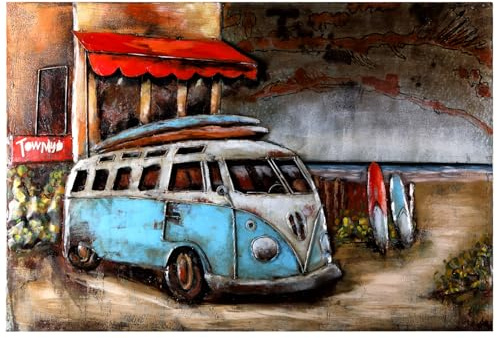 H4L Wandbild Strandbus Blau 3D Bulli Metallbild Relief Unikat Motiv Bild 120x80cm handgefertigt