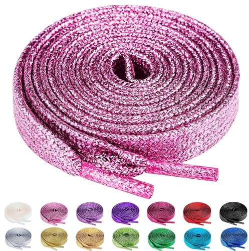 Olukssck 2 Pairs Flat Glitter Shiny Metallic Shoe Laces, Colorful Sequin Shoelaces, Pink(2 Pairs), 47inch (120cm)