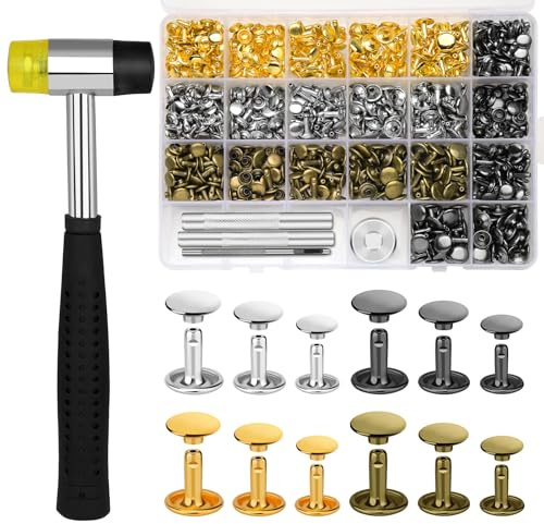 360 Pieces Leather Rivets 4 Colors Double Cap Rivets Tubular 3 Sizes with Nylon Hammer Fixing Tool Kit 4 Piece for DIY Leather Craft Clothes Shoes Decoration and Repair